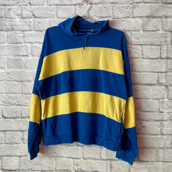 80s Yellow & Navy Blue Hooded Sweatshirt - Picture 1 of 5